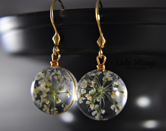 Real Flower Ball Earrings - Gold Plated - White - christmas present