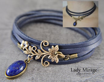 Leather Choker Necklace - Spring - Jewelry - Lapis Lazuli - Blue - gift for her - personalised jewellery - handmade necklaces