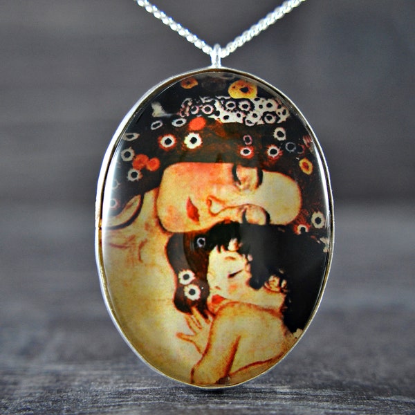 925 Sterling Silber - "Mutter und Kind" Gustav Klimt- Kette- Oval - Muttertagsgeschenk