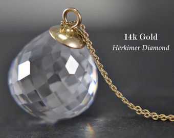 Oro real - cadena de oro mujer 585 - diamante Herkimer - cristal - diamante americano - joyería hecha a mano - regalo para ella - regalo de Navidad