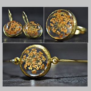Gift Set with Real Flowers - Brass -  Earrings, Ring and Bracelet - Peach - Jewellery Set - Mothers day gift