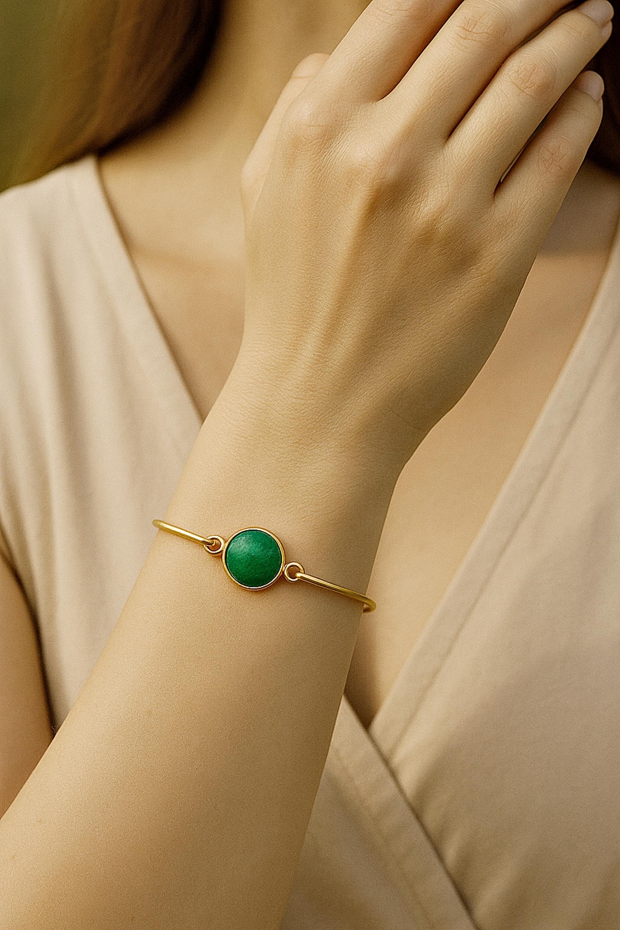 Jade Bracelet Gold, Natural Jade Bangle 14K Gold-Plated 925 Sterling Silver, Green Gemstone, Minimalist, Gift for Friends, Wedding Gift
