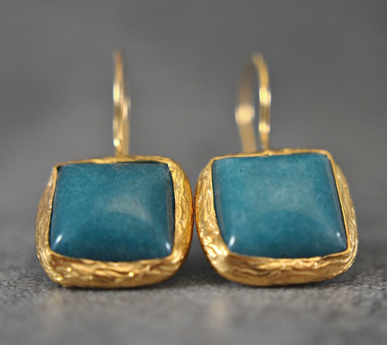 Earrings Gold Plated Jade Blue