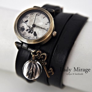 Uhr für Frauen Echte Feder Armbanduhr Leather Gift gift for her Bronze Vintage Schwarz Schlüssel Vogel Naturliebhaber Bild 1