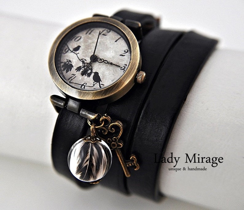 Uhr für Frauen Echte Feder Armbanduhr Leather Gift gift for her Bronze Vintage Schwarz Schlüssel Vogel Naturliebhaber Bild 1