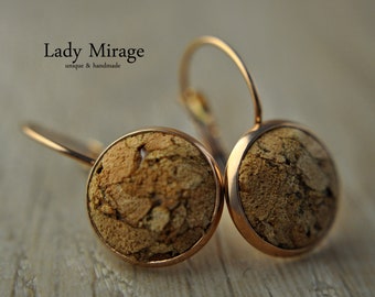 Rose Gold Plated Earrings with Natural Cork Cabochon - Handmade Unicum