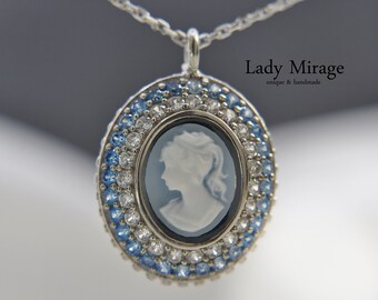 925 Sterling - Real Silver Jewelry - Gemme - Lady Cameo - Necklaces with Pendants - Blue - Mothers day Gift - Handmade jewelry