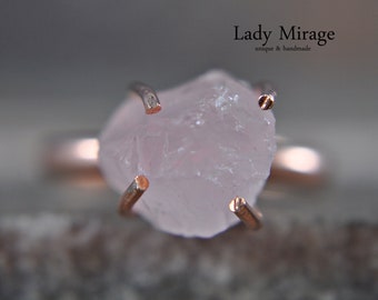 925 Sterling Silver - Rose Quartz- rough stone Ring - Rose Gold