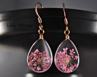 Real Pink Flower Earrings made of 925 Sterling Silver - Rose Gold Plated - jewellery - dangle drop earrings - mothers day gift