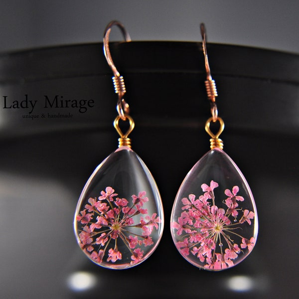 Real Pink Flower Earrings made of 925 Sterling Silver - Rose Gold Plated - jewellery - dangle drop earrings - mothers day gift