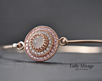 Brazalete de plata 925 - piedra preciosa de cuarzo rosa - oro rosa - cristal - joyería nupcial - circonita - amantes de las ideas de regalos - ideas de regalos hechos a mano
