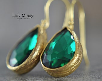 Teardrop Earrings Gold - Crystal - Emerald - Elegant - Bridal Earrings - Wedding Jewelry - Green - Brass - handmade earrings