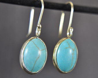 925 Silver - Turquoise - Earrings - 18K Gold Plated - Gift for Her - Blue - Gemstone - Howlith - Oval - Natural Stone - Jewelry - Summer