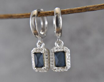 925 Sterling Silver - hoop earrings - dark blue rhinestone - Rectangular