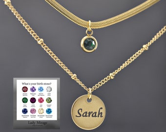 Birthstone Name Necklace • Birthstone • Double Row Necklace • Layering • Gold Chain • Double Chain Necklace • Gift for Her