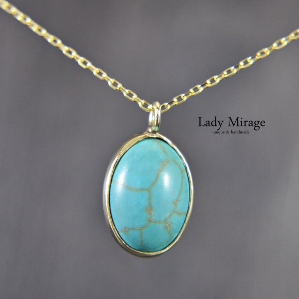 925 Silver - Turquoise necklace - 18K gold plated - short chain - 45 cm -  pendant - oval - gift for her - Summer