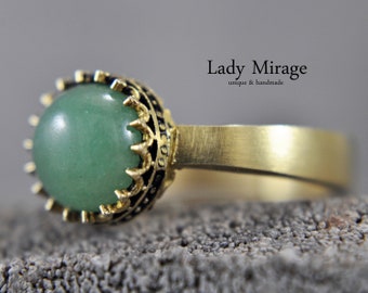 925 silver - aventurine - ring - 14 k gold plated - gemstone finger ring - natural stone - crown - vintage style - gift for her