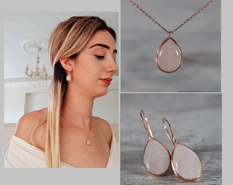 Gift Set - 925 Sterling Silver - Teardrop-shaped Rose Quartz Earrings and Necklace - Rose gold plated