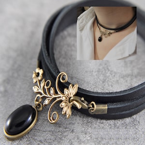 Black Leather Choker Necklace with Agate Gemstone Pendant – Handmade Gothic Boho Jewelry – Personalized Gift Idea for Her - Birthday