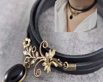 Leren Choker - Lente Droom - Sieraden - Cadeau voor Haar - Agaat - Zwart - Edelsteen - Handgemaakt