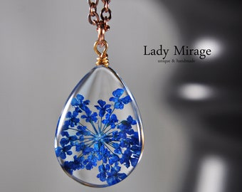 925 Sterling Silver - Real Blue Flowers Necklace  - Rose Gold Plated