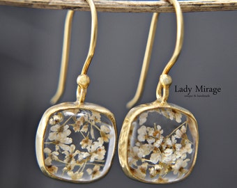 Boucles d'oreilles pendantes - Vraies fleurs 925 Sterling - Plaqué or - Floral - Carré - Fait main - Unique - Cadeau pour elle - Bijoux naturels