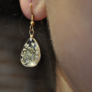 Real Flower Earrings Gold Plated jewellery White dangle drop handmade earrings image 4