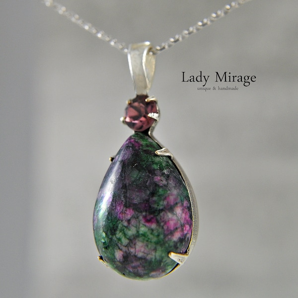 925 Sterling Gemstone Necklace - Ruby Zoisite - Rose Gold Necklace - Jewelry Gift - Teardrop Pendant - Birthday Gift