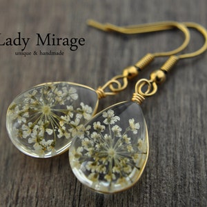 Real Flower Earrings Gold Plated jewellery White dangle drop handmade earrings image 2