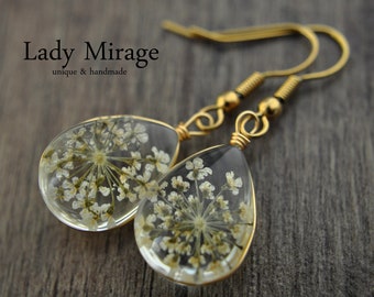 Real Flower Earrings - Gold Plated - jewellery - White - dangle - drop - handmade earrings