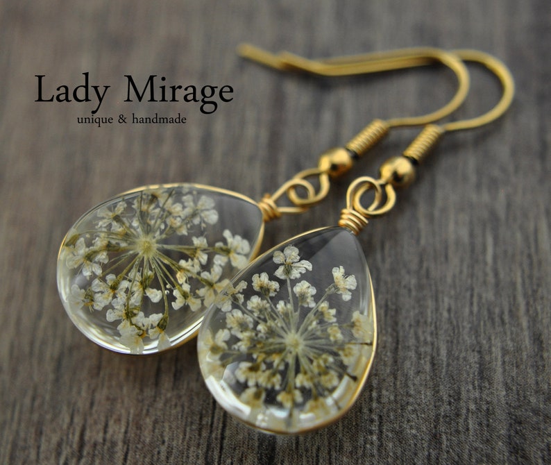 Real Flower Earrings Gold Plated jewellery White dangle drop handmade earrings gifts image 2