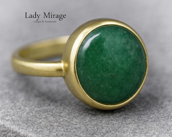 天然グリーン翡翠リング、宝石リング、24Kゴールドメッキ925シルバー