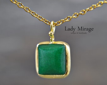925 Silver necklace with geometric Jade Gemstone  - Gold Plated - Square