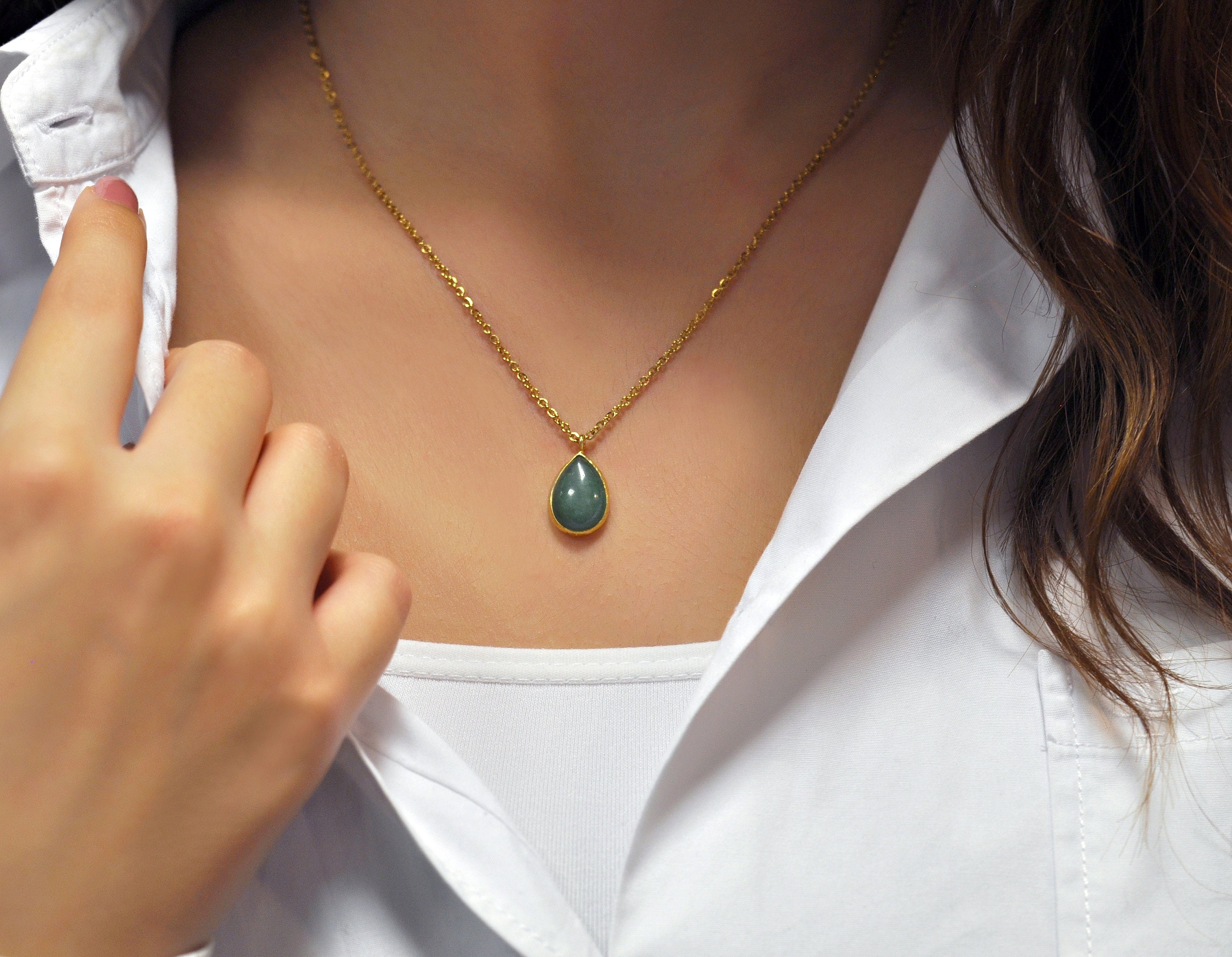 925 Sterling Silver - Aventurine Necklace - 18K Gold-plated