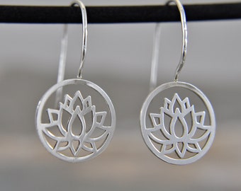 925 Sterling Silver - Lotus Flower Hanging Earrings - Spring Jewelry - Meditation Symbol - Blossoms - Floral - Yoga - Minimalist