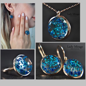 Jewelry set - Real Flowers - 925 sterling silver -  earrings, ring and necklace - blue - gift for her