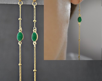 Long earrings • Chain earrings • Stainless steel • Dangling stud earrings • Chain design earrings • Chain earrings • Green stone • Gift for her