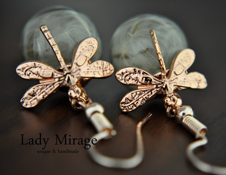 Dragonfly Real Dandelion Necklace Rose Gold imagen 4