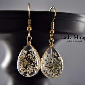 Real Flower Earrings Gold Plated jewellery White dangle drop handmade earrings gifts image 3