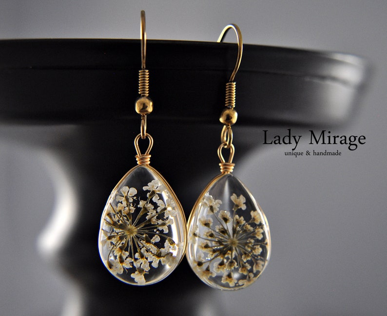 Real Flower Earrings Gold Plated jewellery White dangle drop handmade earrings gifts image 3