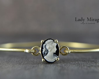 925 Silver Bangle 14k Gold Plated  Lady Cameo  Adjustable  Vintage Jewelry  Cameo Black