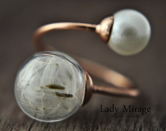 Original Dandelion Ring with Pearl in Rose Gold - adjustable - Mothers day