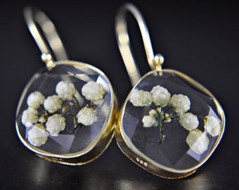 Argento 925 - orecchini con veri fiori bianchi - placcato in oro 14K - regalo per lei - gioielli da sposa - unici