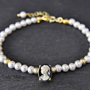 Bracelet with cameo, bridal jewelry, wedding, gift for her, pearl necklace with genuine freshwater pearls, 14K gold-plated 925 sterling silver
