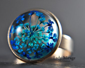 Edelstahl-Ring mit echten Blüten - Roségold Blau
