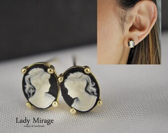 925 gold-plated silver - hoop earrings - 14k gold-plated - Lady Cameo - Black - Vintage Style - hanging earrings - wedding - gift for her