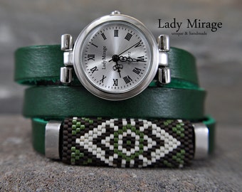 Ethno style green leather wrist watch - watch - silver - Miyuki - handmade - gift for her