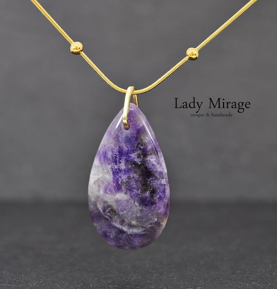 Collana Donna Con Ciondolo In Ametista Naturale, Placcata Oro 14k, Pietra Portafortuna, Regalo Significativo