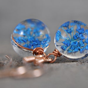 Real flowers 925 silver earrings blue rose gold ball earrings handmade unique gift for her pressed flowers image 5