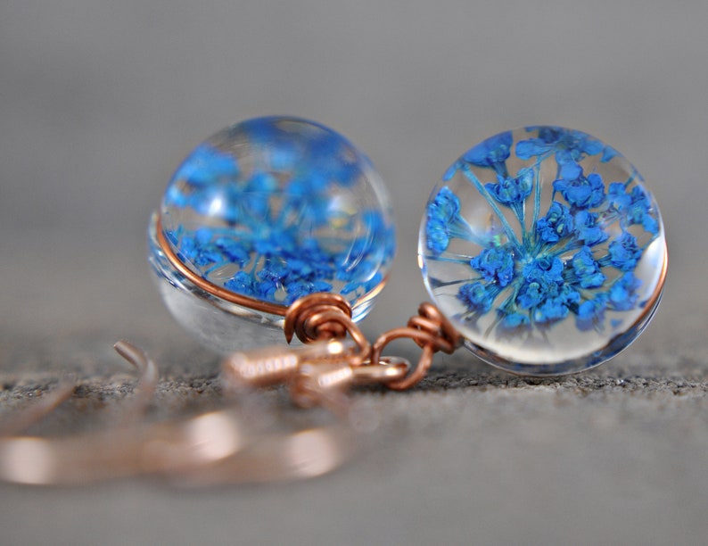Real flowers 925 silver earrings blue rose gold ball earrings handmade unique gift for her pressed flowers image 5